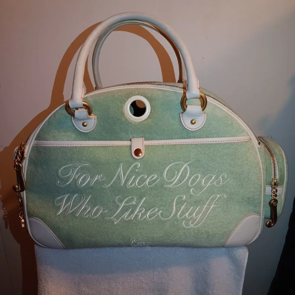Rare Vintage Y2K Juicy Couture Spell Out Pet Dog Carrier Bag Teal.